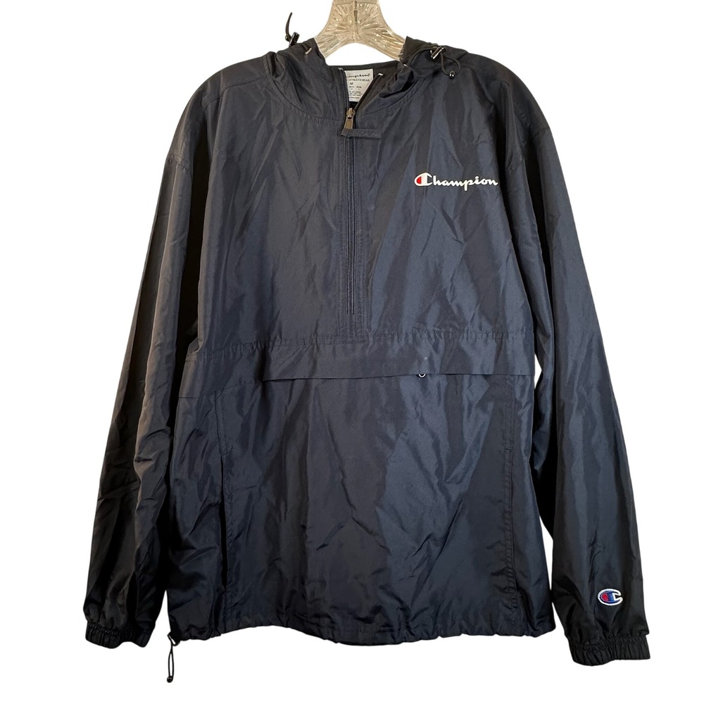 Champion Mens Packable Windbreaker Half Zip Anorak Jacket Black Medium Hooded